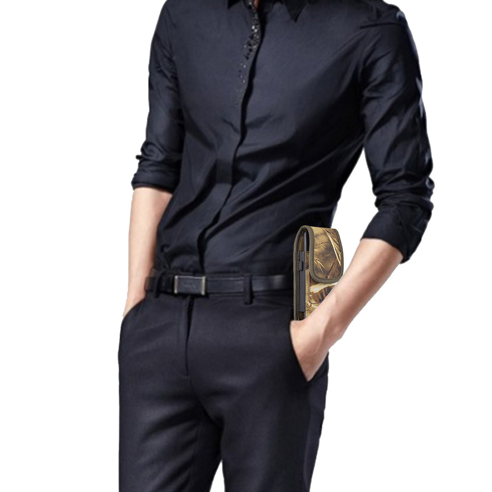 For Apple iPhone 16 Pro (6.3") Universal Pouch Case Vertical Phone Holster Camo Print with Card Slots, Pen Holder, Belt Clip Loop & Hook Cover [Camouflage]