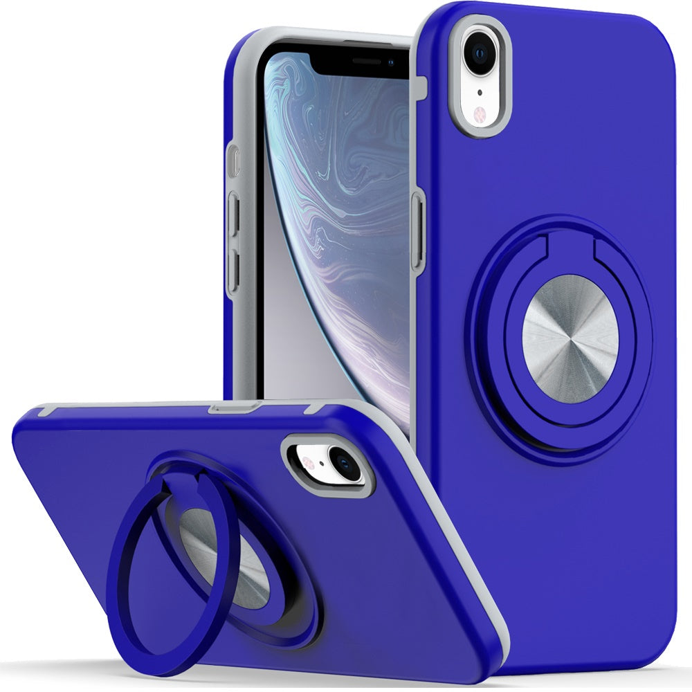 For Apple iPhone XR Metal Matte Hybrid with Invisible Rotational Ring Stand, Car Mount Friendly, Military Grade Slim Fit Sturdy Case Cover