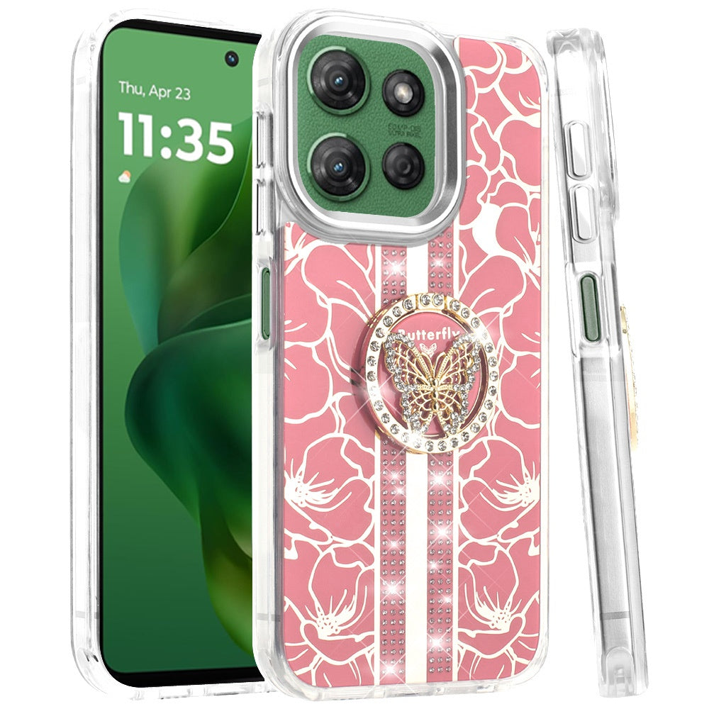 For Motorola Edge 2025 Diamonds 3D Butterfly Floral Design Bling Sparkly Glitter Hybrid Metal Fashion with Ring Stand Case Cover