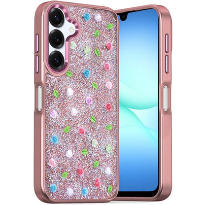 For Samsung Galaxy S25 Fan Edition /Galaxy S25 FE Floral Design Embedded Glass Diamond Fancy Fashion Glitter Bling Sparkly Hybrid Rugged TPU Bumper Case Cover