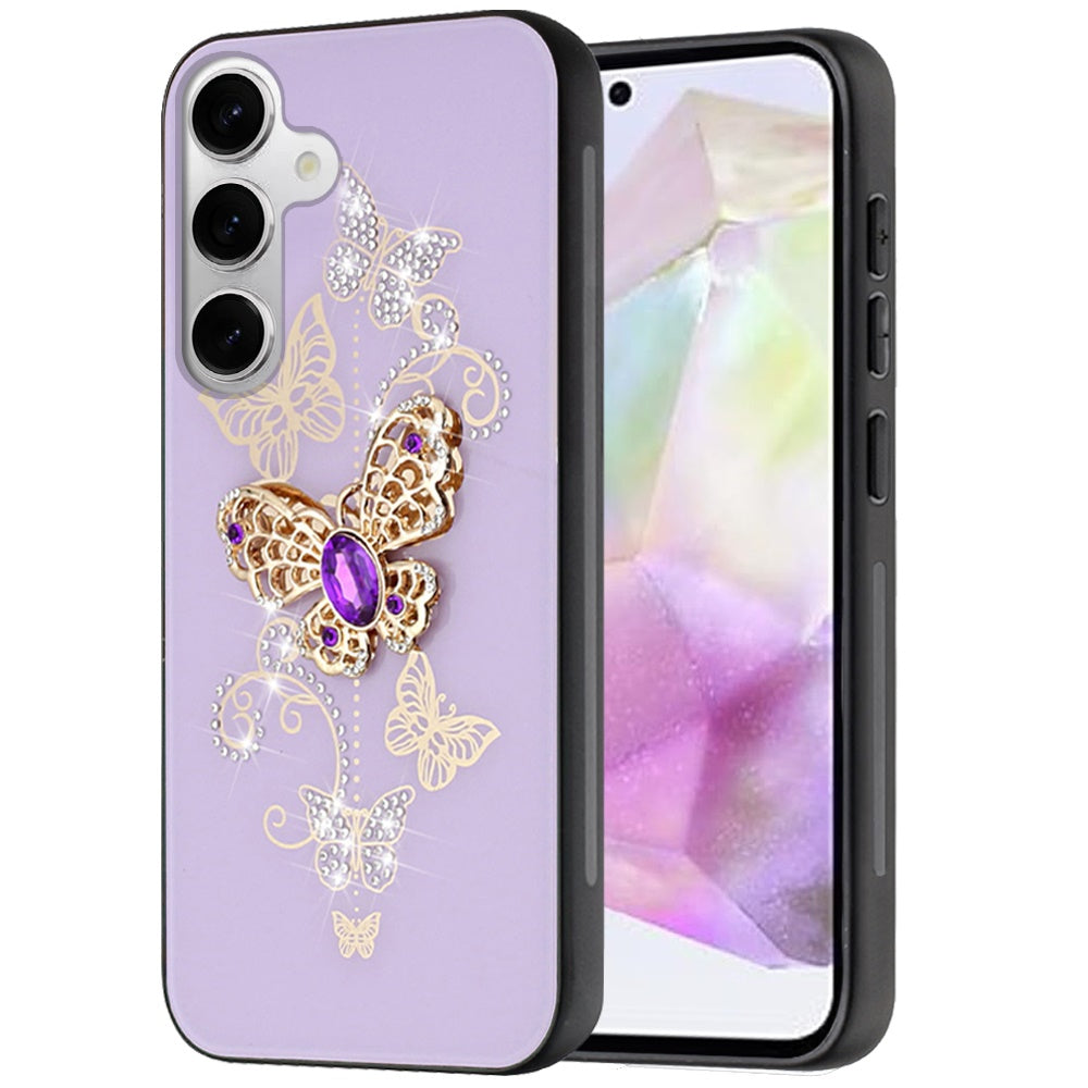 For Apple iPhone 16e Diamonds 3D Butterfly Bling Sparkly Glitter Ornaments Engraving Hybrid Metal Fashion Case Cover Purple Garden Butterflies