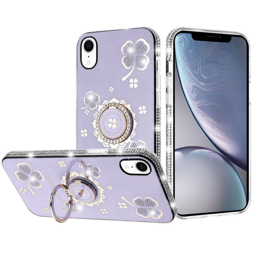 For Apple iPhone XR Diamonds Bling All Around Edges Sparkly Glitter Hybrid Ring Stand Holder Fashion Good Luck Case Cover