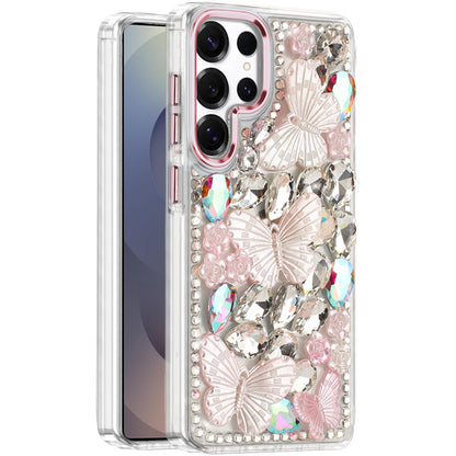 For Samsung Galaxy S25 Ultra 3D Diamond Floral Butterfly Bling Stone Hybrid, Sparkly Rhinestone Gemstone Back Shockproof Case Cover