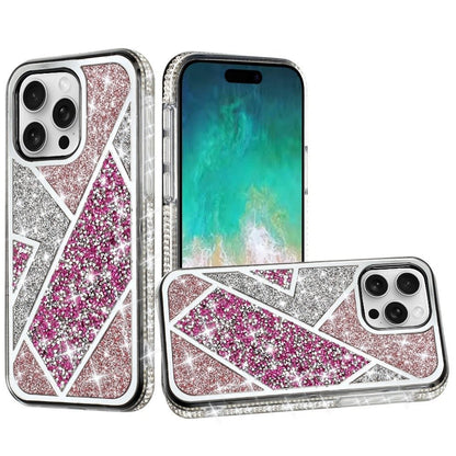 For Apple iPhone 16 Pro (6.3") Cute Fancy Glitter Bling Diamond Rhinestone Sparkly Bumper Fashion Shiny Hybrid Rugged TPU Case Cover Rose Pink