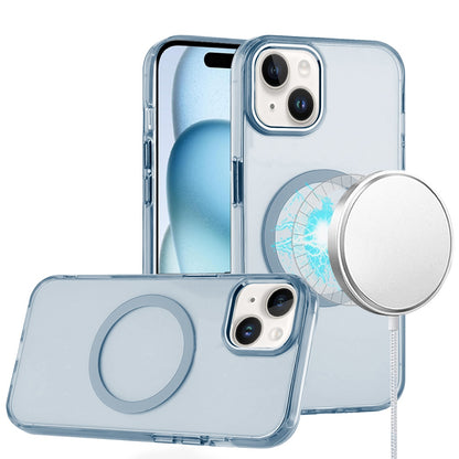 For Apple iPhone 15 Transparent Back Hybrid Case - Magnetic Circle, Color Frame, Metal Buttons, MagSafe Compatible Case Cover