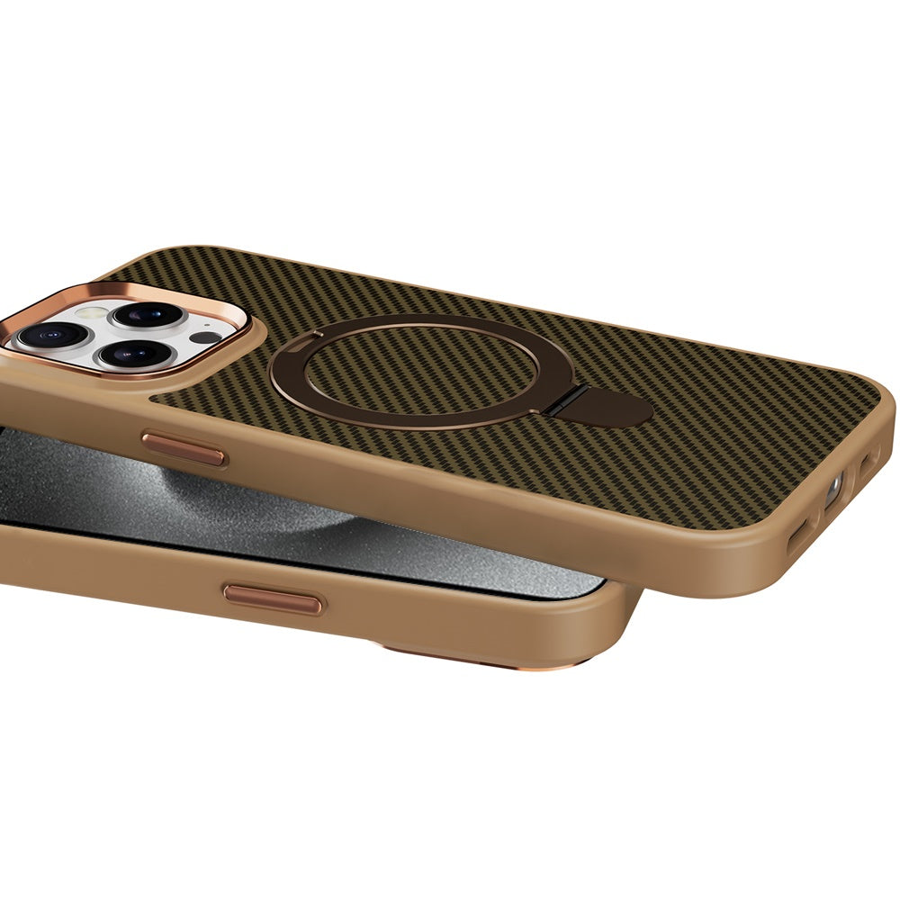 For Apple iPhone 15 Pro Hybrid Carbon Fiber Design with MagSafe Compatible [Magnetic Circle], Ring Stand Shockproof Slim TPU Case Cover