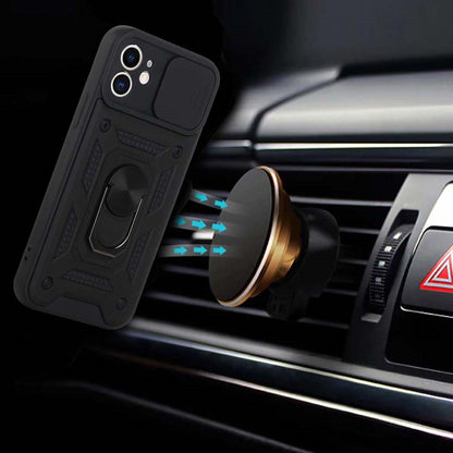 For Apple iPhone 16e Hybrid Case with Slide Camera Lens Cover, Ring Kickstand, Heavy-Duty Dual Layer TPU, Fit Magnet Car Mount Case Cover