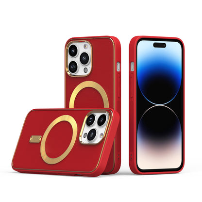 For Apple iPhone 16 Pro Max (6.9") PU Leather Magnetic Case Slim Protective Cover with MagSafe Compatibility Hard PC Gold Frame Protection Case Cover