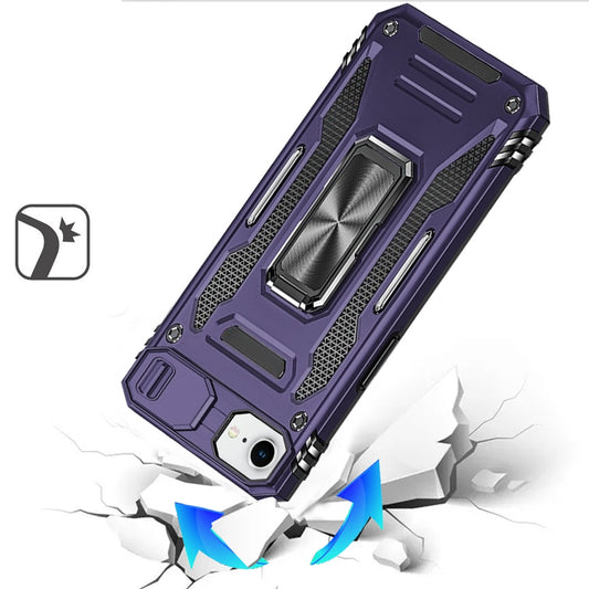 For Apple iPhone 16e Tough Hybrid Case with Movable Camera Window & Metal Ring Stand Shockproof Case Cover Dark Purple