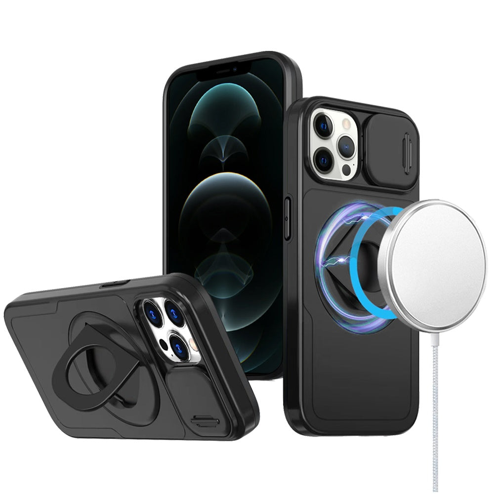For Apple iPhone 16 (6.1") Full Coverage with Camera Window, Magnetic Circle, Rotatable Ring Stand, MagSafe Compatible, Shockproof Hybrid Protectiv Case Cover