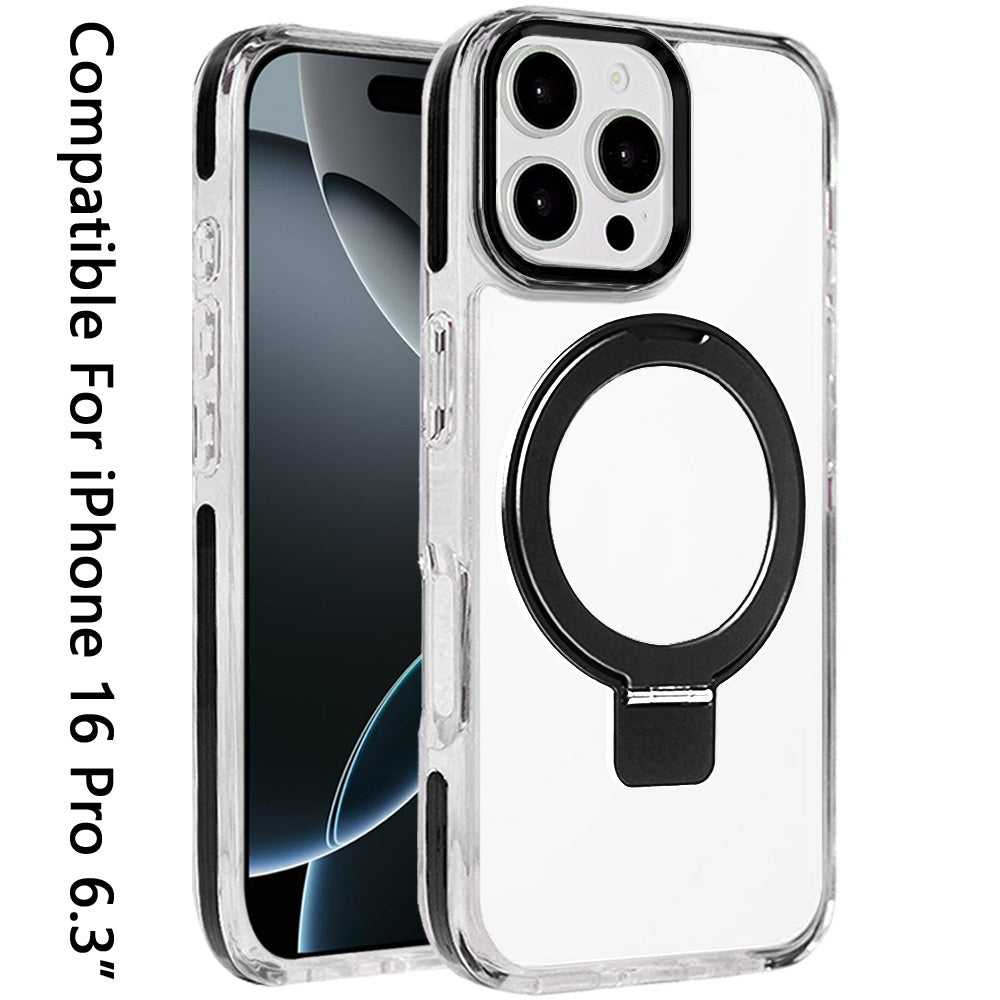 For Apple iPhone 16 Pro (6.3") Hybrid Transparent Circle Back Ring Kickstand [Compatible with MagSafe] Shockproof Color Frame Bumper Case Cover