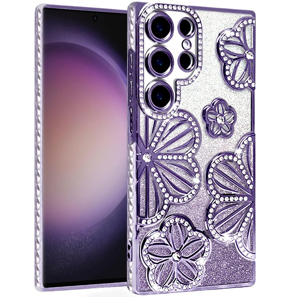 For Samsung Galaxy S23 Ultra Luxury Flower Design Sparkle Glitter Diamond Rhinestone Shimmer Bling Plating Thick TPU Hard PC Case Cover