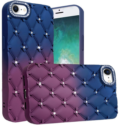 For Apple iPhone SE 4 Fashion Flower Design Sparkle Glitter Shimmer Rhinestone Bling Floral Accents, Leather Texture TPU Case Cover