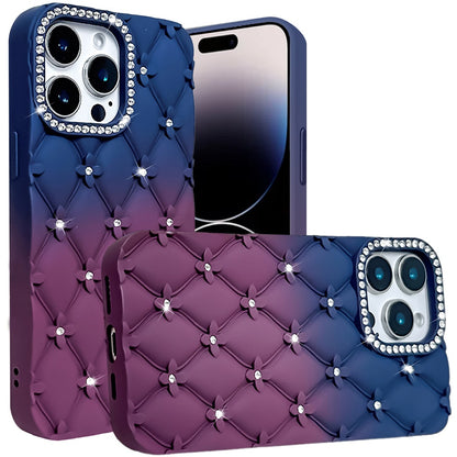 For Apple iPhone 15 Pro Max (6.7") Fashion Flower Design Sparkle Glitter Shimmer Rhinestone Bling Leather Feel Thick TPU Rubber Hard PC Case Cover