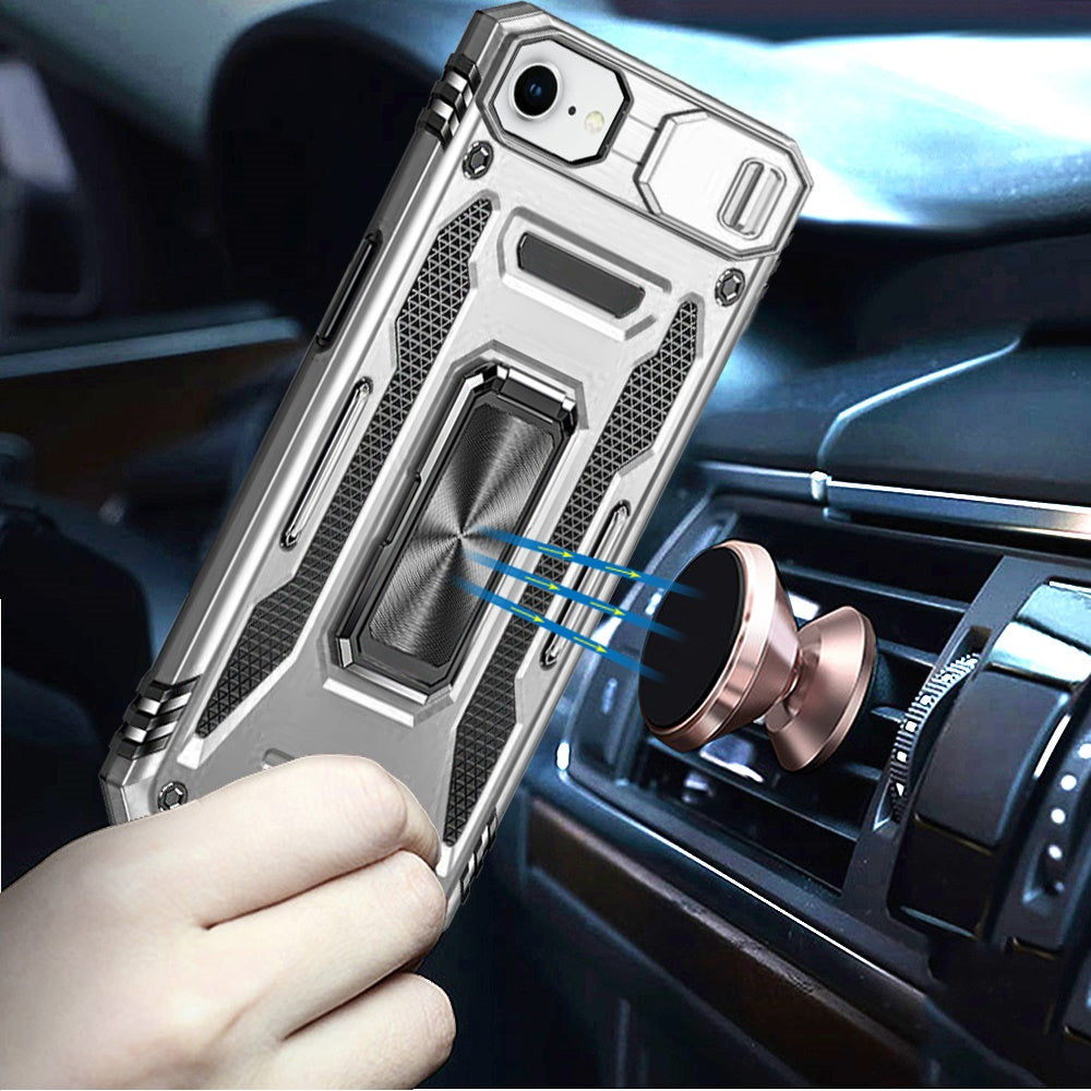For Apple iPhone 16e Tough Hybrid Case with Movable Camera Window & Metal Ring Stand Shockproof Case Cover Silver