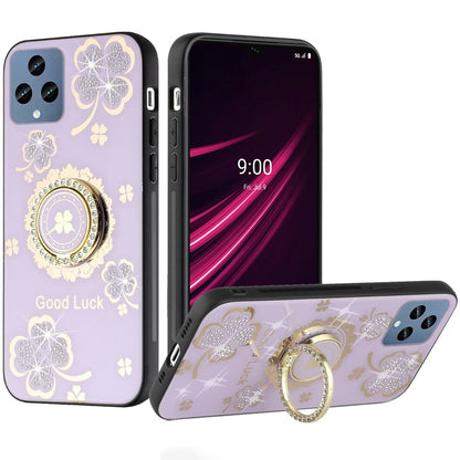 For Motorola Moto G 5G 2025 Diamonds 3D Fashion Floral Bling Sparkly Glitter Ornaments Engraving Hybrid with Ring Stand Case Cover Purple Good Luck Floral