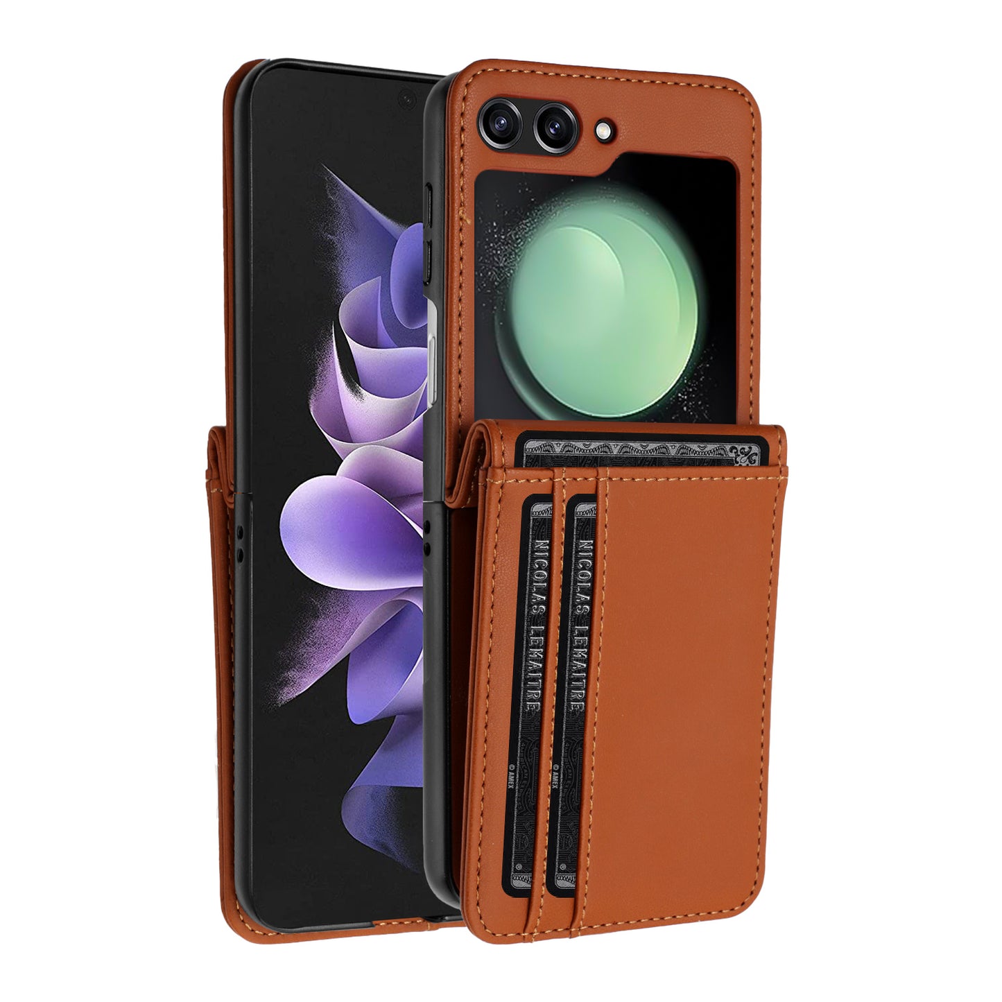 For Samsung Galaxy Z Flip 7 FE Wallet Case PU Leather Back Storage with Card ID Slot, Pocket Holder, Hybrid Protective Case Cover Brown