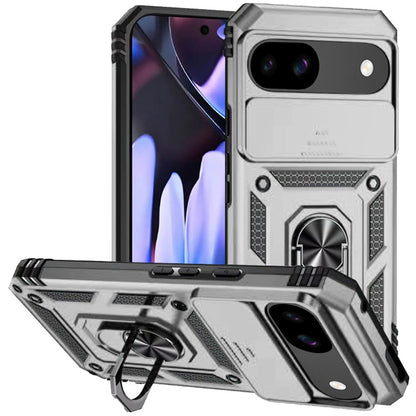 For Google Pixel 9A Hybrid Ring Shockproof with 360° Rotate Ring Kickstand, Camera Lens Protection, Soft Edge Bumper Case Cover