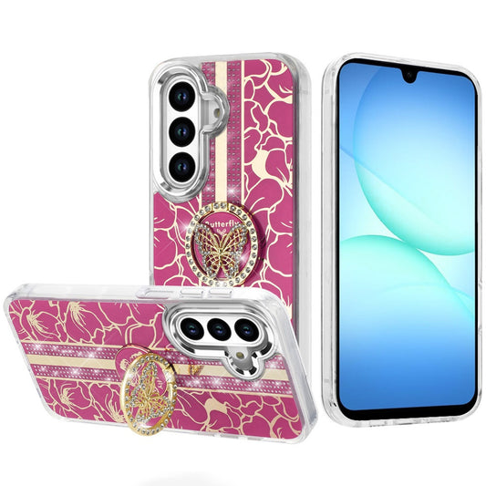 For Samsung Galaxy A17 5G Diamonds 3D Butterfly Floral Design Bling Sparkly Glitter Hybrid Metal Fashion with Ring Stand Case Cover