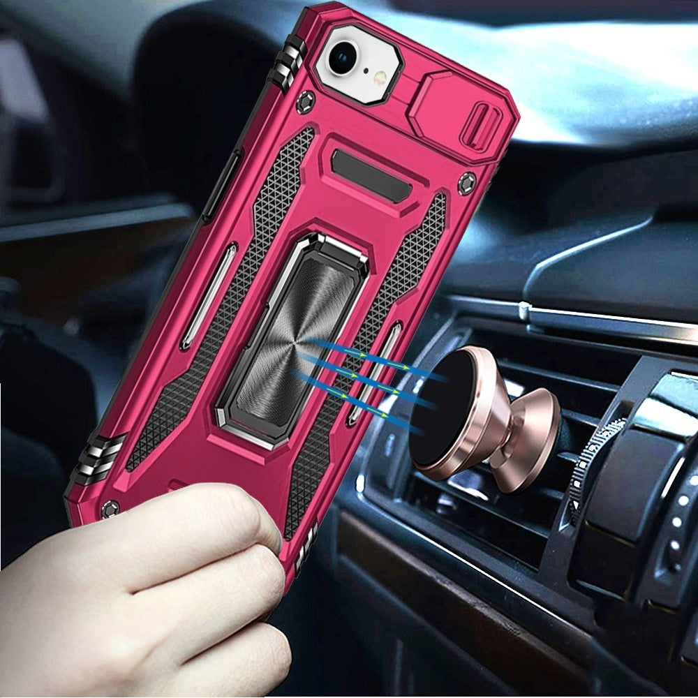 For Apple iPhone 16e Tough Hybrid Case with Movable Camera Window & Metal Ring Stand Shockproof Case Cover Hot Pink
