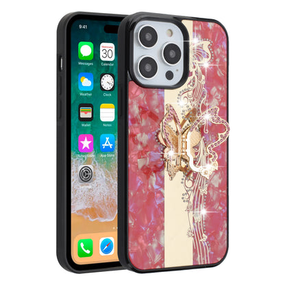 For Apple iPhone SE 4 Diamonds 3D Butterfly Bling Sparkly Glitter Ornaments Engraving Hybrid with Stand Fashion Case Cover Enchanted Butterfly Red