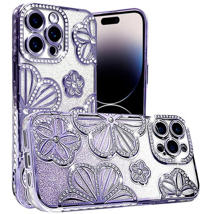 For Apple iPhone 16 Pro (6.3") Luxury Floral Design Sparkle Glitter Diamond Crystal Rhinestone Shimmer Bling Plating Thick TPU Hard PC Case Cover