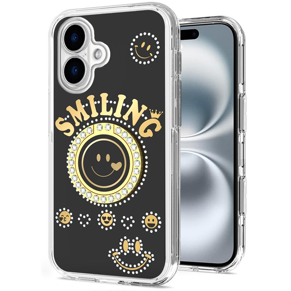 For Apple iPhone 16 (6.1") Smiling Glitter Ornament Bling Sparkle with Ring Stand Hybrid Slim TPU + Hard Back Shell Case Cover