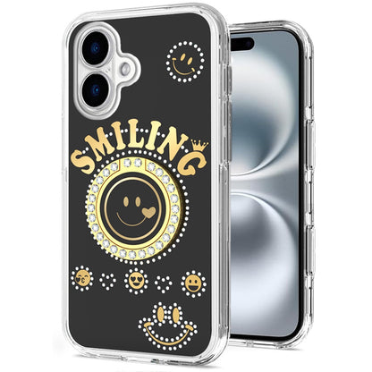 For Apple iPhone 16 (6.1") Smiling Glitter Ornament Bling Sparkle with Ring Stand Hybrid Slim TPU + Hard Back Shell Case Cover
