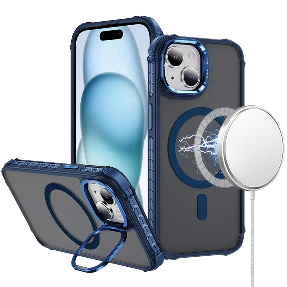 For Apple iPhone 16 (6.1") Hybrid Metal Camera Stand Ring Sturdy, Compatible with MagSafe, Matte Hard TPU Colorful Edge Case Cover