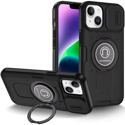 For Apple iPhone 15 Build in Invisible Magnetic Ring Stand with Slide Camera Protector, fit Magnetic Car Mount [Compatible with MagSafe] Case Cover