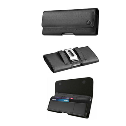 For Apple iPhone 16 (6.1") Universal Leather Horizontal Holster Pouch with Credit Card Slots Wallet & Belt Loop Clip Carrying (Fit up to 6.1" Screen) [Black]