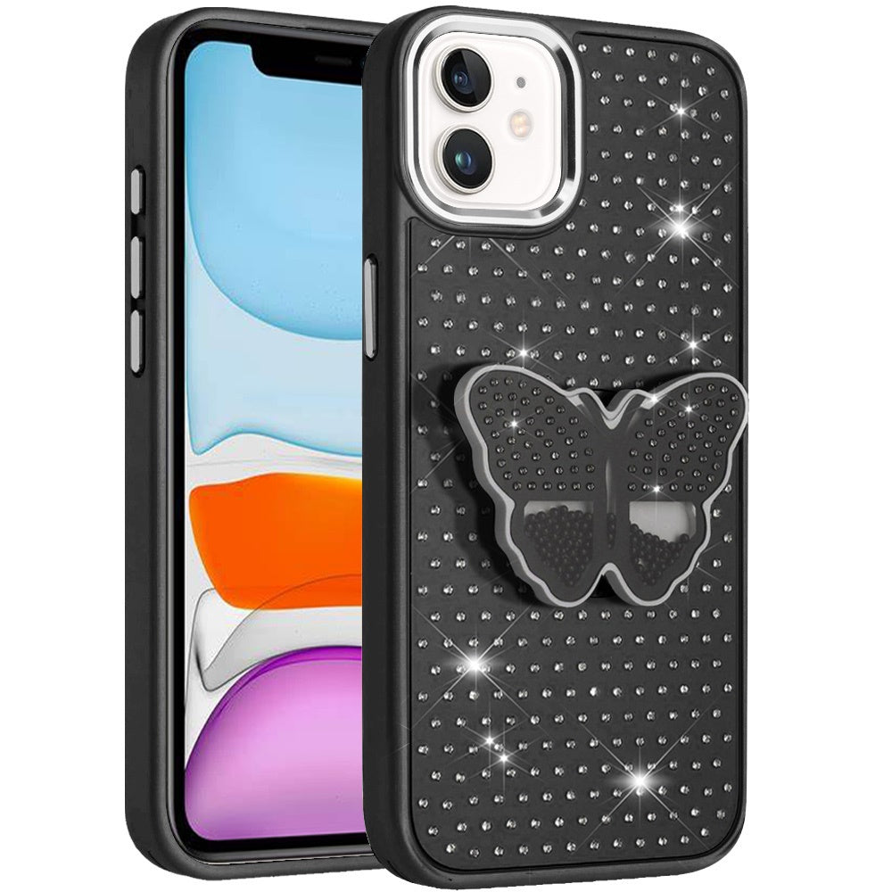 For Apple iPhone 11 Butterfly Moveable Grip 3D Pop Stand Full Diamond Bling Sparkling TPU Fashion Hybrid Case Cover