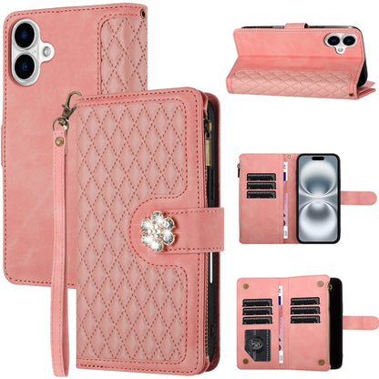 For Apple iPhone 16 (6.1") PU Leather Wallet Design Jewel Bling with Credit Card Holder Flip Folio Pouch Zipper Purse Wrist Strap Case Cover