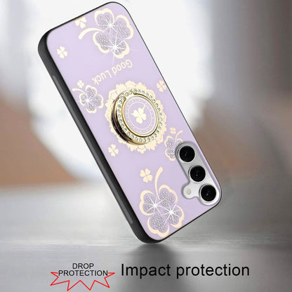 For Apple iPhone SE 4 Diamonds 3D Fashion Floral Bling Sparkly Glitter Ornaments Engraving Hybrid with Ring Stand Case Cover Purple Good Luck Floral