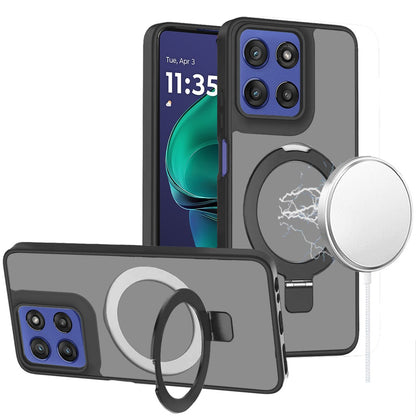 For Motorola Moto G Power 5G 2025 Magnetic Circle Back with Ring Stand Full Rotation Matte Hybrid Shockproof Case Cover Black