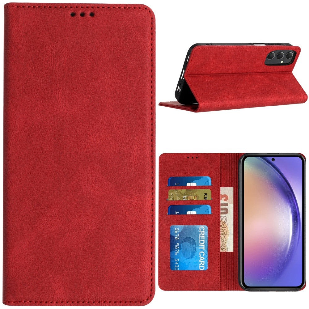 For Apple iPhone 16 (6.1") Premium Wallet PU Vegan Leather ID Credit Card Slot Money Holder with Magnetic Closure Pouch Flip Case Cover Red
