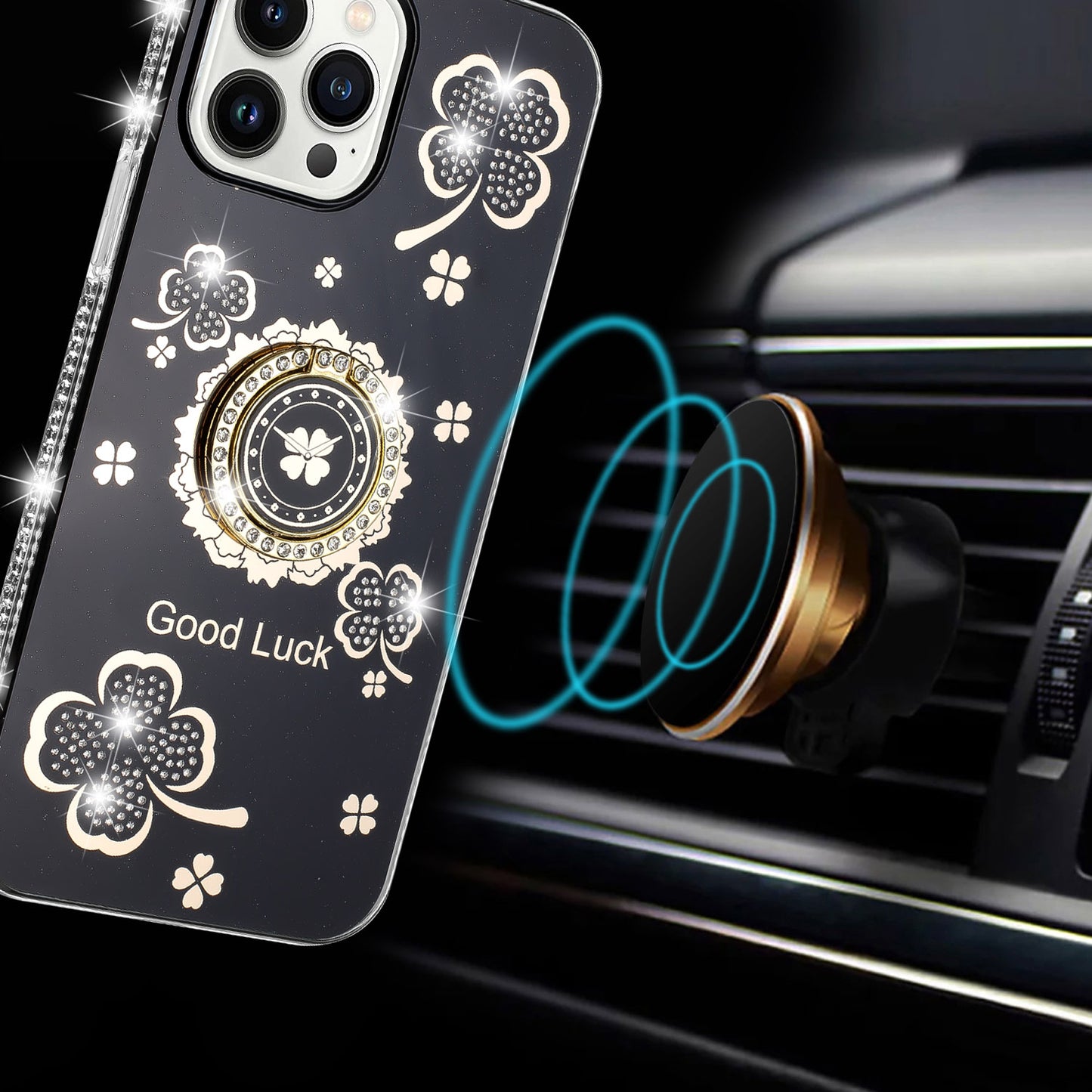 For Apple iPhone XR Diamonds Bling All Around Edges Sparkly Glitter Hybrid Ring Stand Holder Fashion Good Luck Case Cover