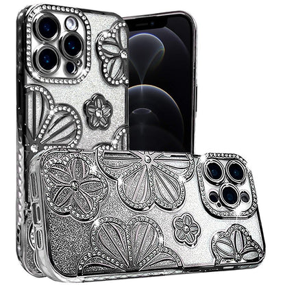 For Apple iPhone 16e Luxury Flower Design Sparkle Glitter Diamond Rhinestone Shimmer Bling Plating Thick TPU Hard PC Case Cover