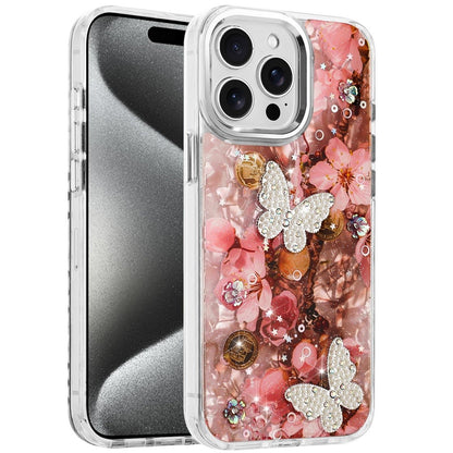 For Apple iPhone 15 Pro Max Epoxy Glitter Flowers Bling 3D Butterfly Fashion TPU Hybrid with Shockproof Protection Case Cover