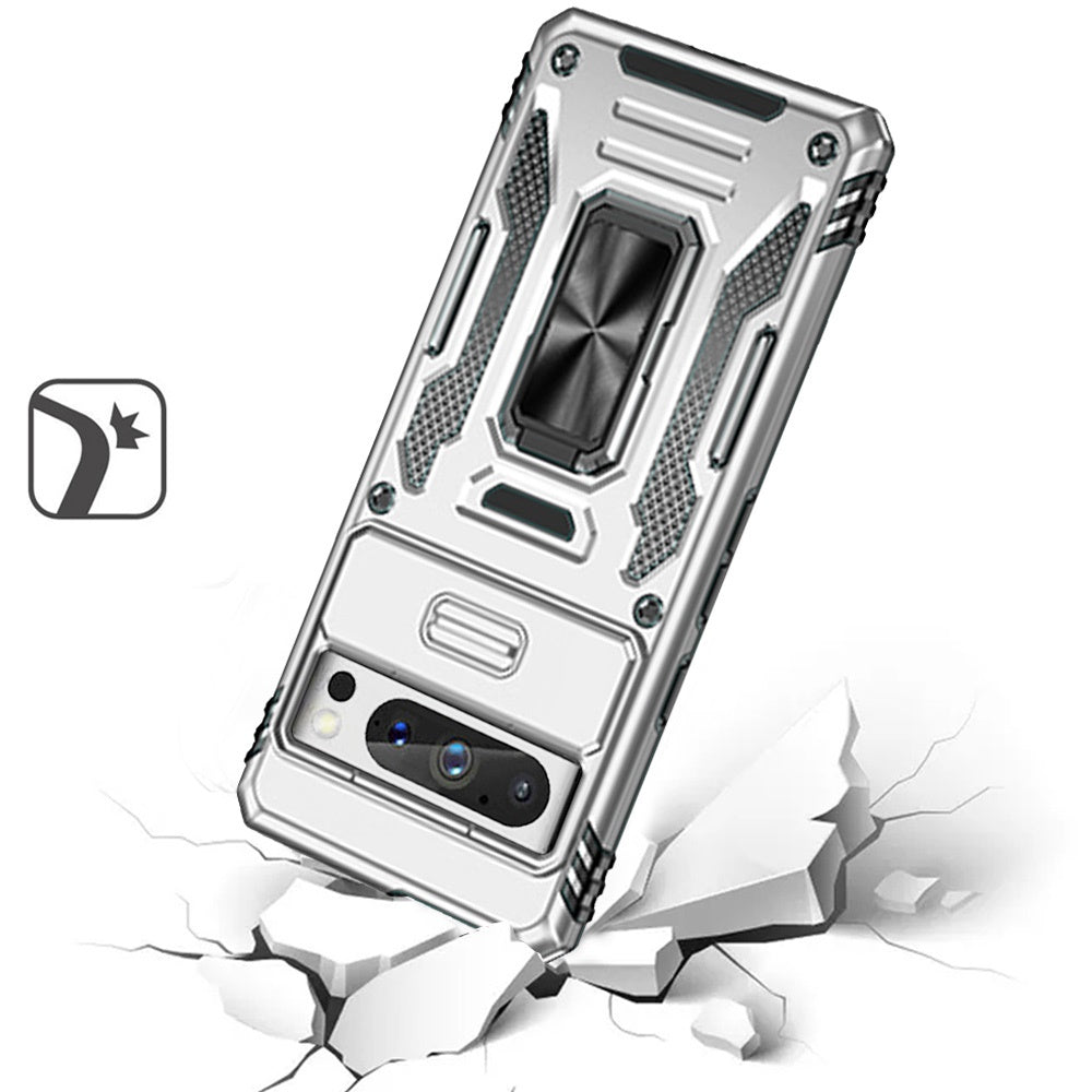 For Apple iPhone 16e Tough Hybrid Case with Movable Camera Window & Metal Ring Stand Shockproof Case Cover Silver