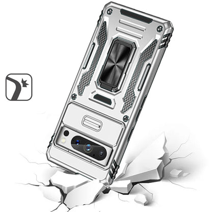 For Apple iPhone 16e Tough Hybrid Case with Movable Camera Window & Metal Ring Stand Shockproof Case Cover Silver