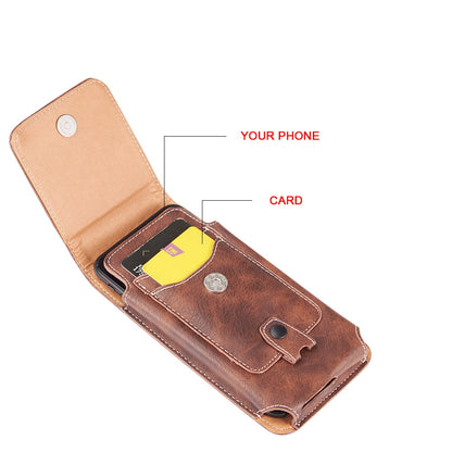 For Apple iPhone 16 Pro (6.3") Universal Vertical Leather Case Holster with Credit Card Holder, Belt Loop & Carabiner Carrying Phone Pouch [Brown]