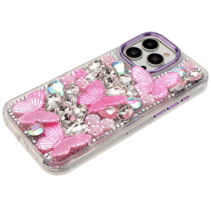 For Apple iPhone 15 Pro Max 3D Diamond Floral Butterfly Bling Stone Hybrid, Sparkly Rhinestone Gemstone Back Shockproof Case Cover