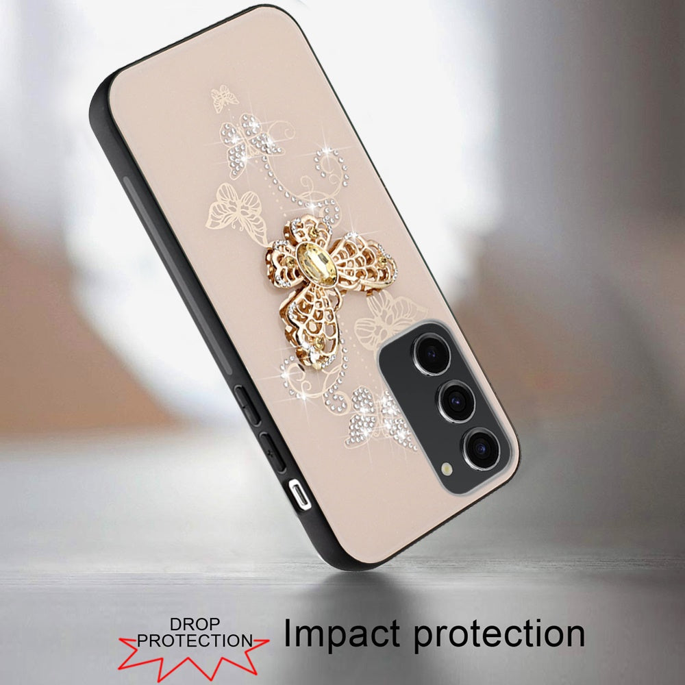 For Apple iPhone 16e Diamonds 3D Butterfly Bling Sparkly Glitter Ornaments Engraving Hybrid Metal Fashion Case Cover Gold Garden Butterflies