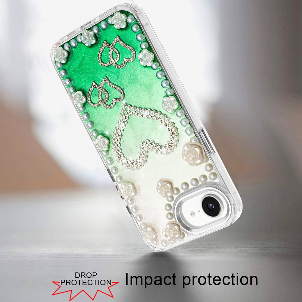 For Apple iPhone 16e Bling Fashion Design with 3D Pearls Epoxy Glitter Ornaments Chrome Edge Hard Slim PC Case Cover