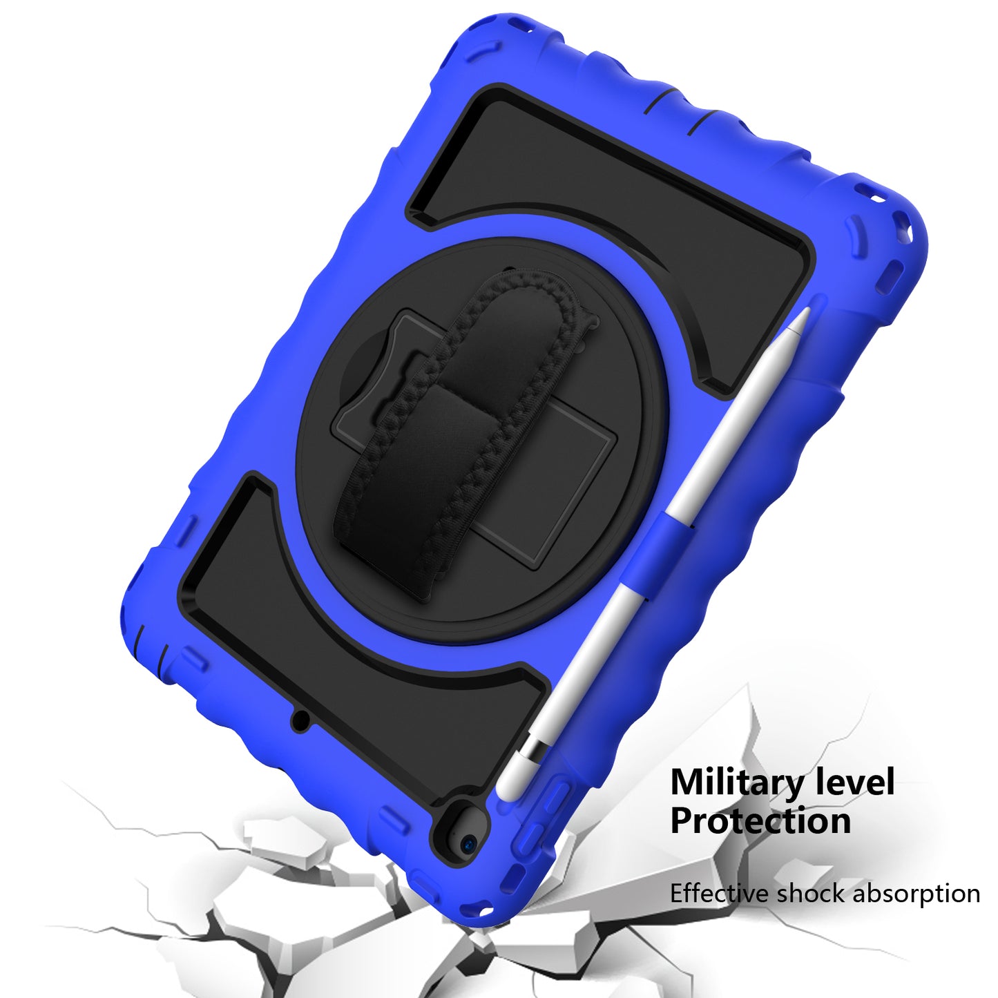 For Hybrid 3in1 Armor Rugged with Built-in Kickstand 360° Rotatable Stand & Shoulder Hand Strap Corner Shockproof Blue Tablet Case Cover
