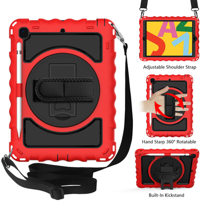 For Hybrid 3in1 Armor Rugged with Built-in Kickstand 360° Rotatable Stand & Shoulder Hand Strap Corner Shockproof Red Tablet Case Cover