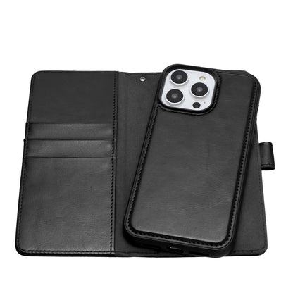 For Apple iPhone 16 (6.1") Deattachable PU Leather Hybrid Wallet Money Credit Card Holder Support Magsafe Charger Case Cover Black