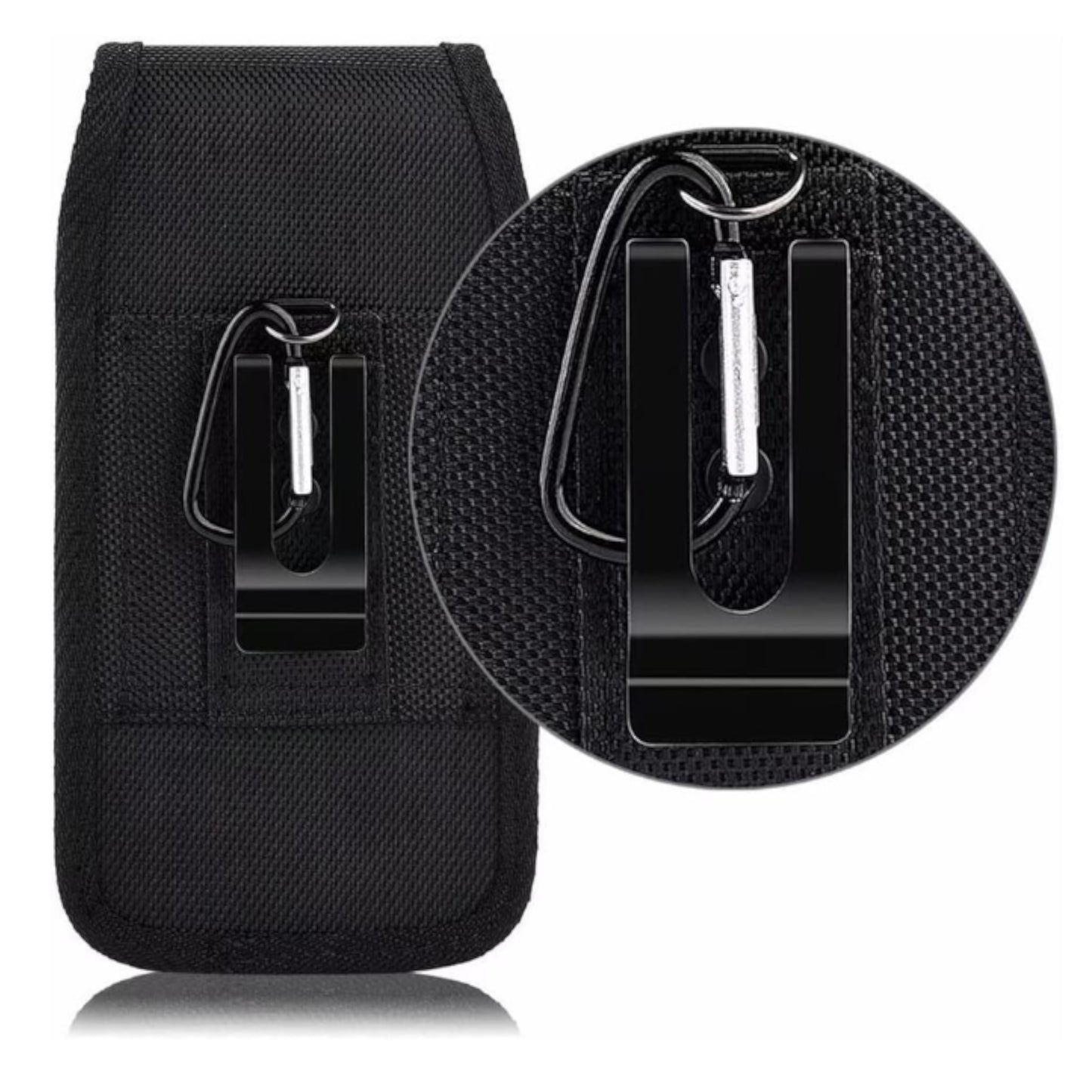 For Apple iPhone 16 Plus (6.7") Vertical Nylon Canvas Holster Universal Cell Phone Pouch Velcro Closure with Credit Card Slot & Belt Clip Loop Carabiner [Black]
