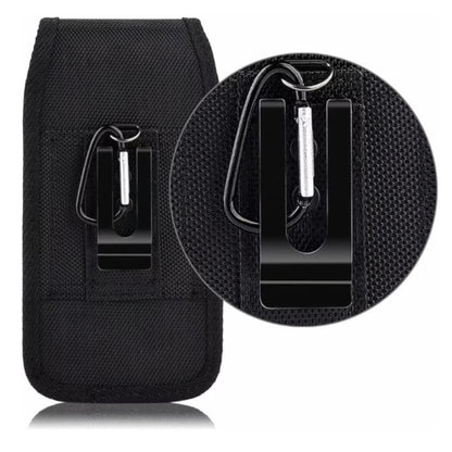 For Apple iPhone 16 Plus (6.7") Vertical Nylon Canvas Holster Universal Cell Phone Pouch Velcro Closure with Credit Card Slot & Belt Clip Loop Carabiner [Black]
